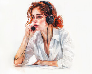 Call Center. Girl in white blouse with headphones. Watercolor isolated illustration on white background. Counseling and information service.  - obrazy, fototapety, plakaty