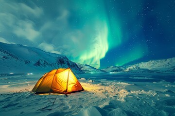 Illuminated tent under the magical aurora borealis in a snowy mountain landscape