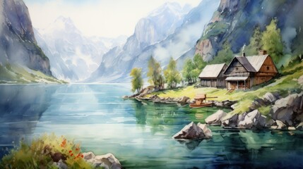 Watercolor painting, beautiful Scandinavian fjord - obrazy, fototapety, plakaty