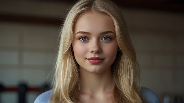 gorgeous picture of 1blonde 18 years old russian girl, beautiful big striking blue eyes, delicate black eyebrows, rosy cheeks, red lips, smiling face very white skin, long wavy black hair cascading 