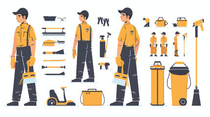 Janitor creation set or constructor kit. Bundle - obrazy, fototapety, plakaty