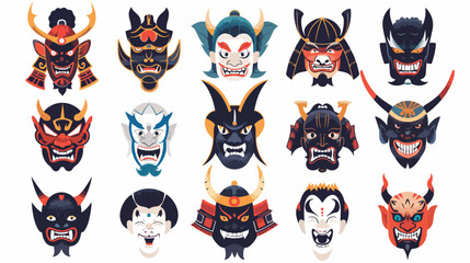 Japan noh masks set. Kabuki theater evil devils anima