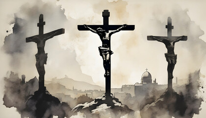 Watercolor painting of Jesus’ Crucifixion at Jerusalem. - obrazy, fototapety, plakaty