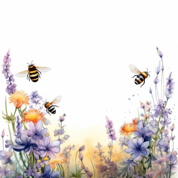 watercolor illustration of a bee-themed border design with buzzing bees and floral accents