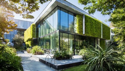 Fototapeta na wymiar Green Oasis: Modern home Sustainable Office Building with Lush Green Walls greenland background