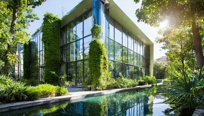 Green Oasis: Modern home Sustainable Office Building with Lush Green Walls greenland background