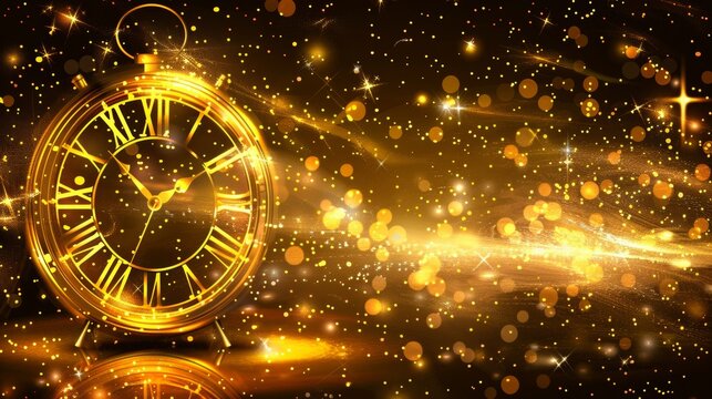 Happy New Year clock countdown background. Gold glitter shining in light with sparkles abstract celebration. Merry holiday poster or wallpaper design.