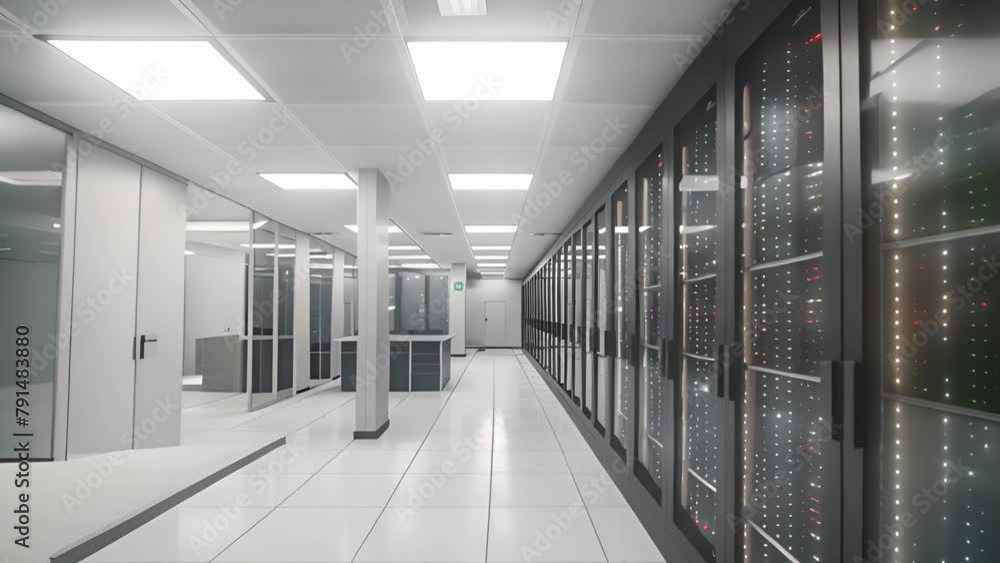 Poster organized row of servers in long network hallway