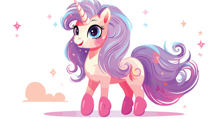 Cute cartoon unicorn with long pink hair. Vector sw