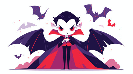 Cute cartoon vampire with red eyes. Vector illustra