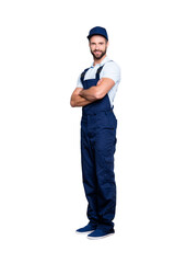 Full size fullbody portrait of half turned cheerful deliver in blue uniform looking at camera,...