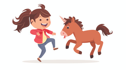 Joyful little girl running to hug adorable pony vector