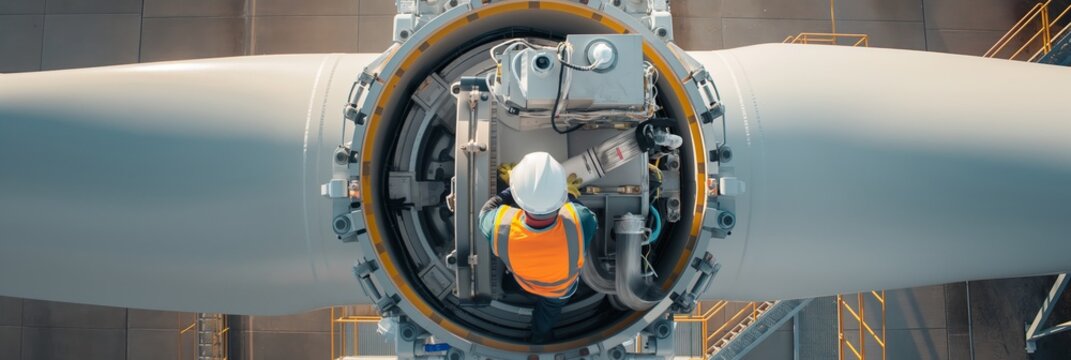 An engineer in safety gear is carefully examining the intricate components of a massive turbine installation