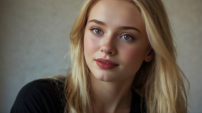 gorgeous picture of 1blonde 18 years old russian girl, beautiful big striking blue eyes, delicate black eyebrows, rosy cheeks, red lips, smiling face very white skin, long wavy black hair cascading 
