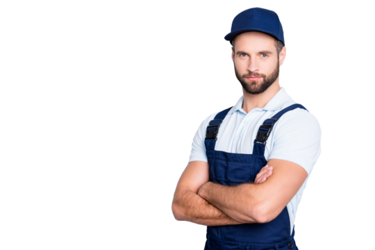 Portrait with copy space, empty place for advertisement of muscular half turned deliver in blue uniform looking ta camera, having his arms crossed, isolated on grey background - Powered by Adobe
