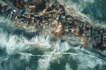 A coastline transformed by sea level rise and coastal erosion, with buildings and infrastructure gradually succumbing to the encroaching waters