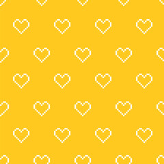 Seamless Pixelated pattern, white hearts on yellow background.