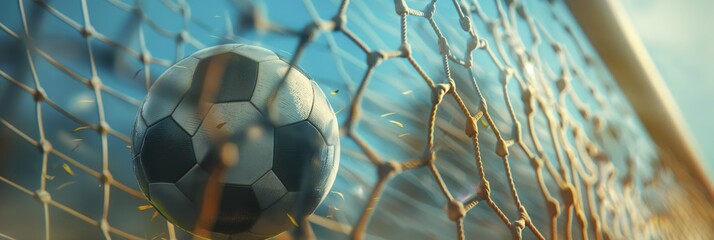 A football lodged in a soccer net with a warm sunset backdrop, illuminating the net's texture - obrazy, fototapety, plakaty