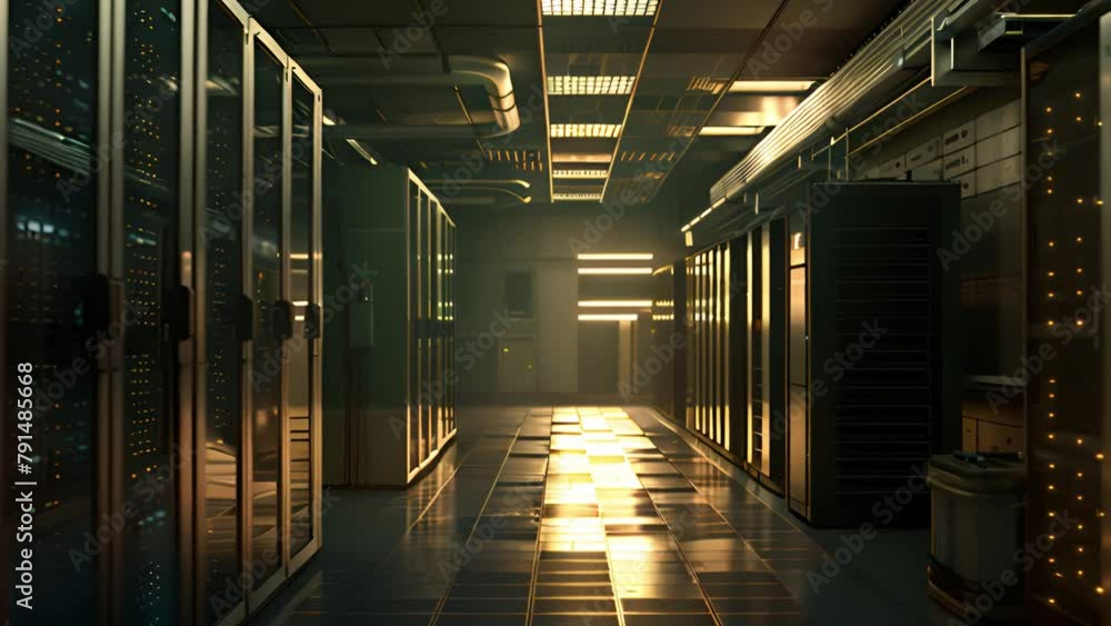 Poster dimly lit hallway with rows of servers