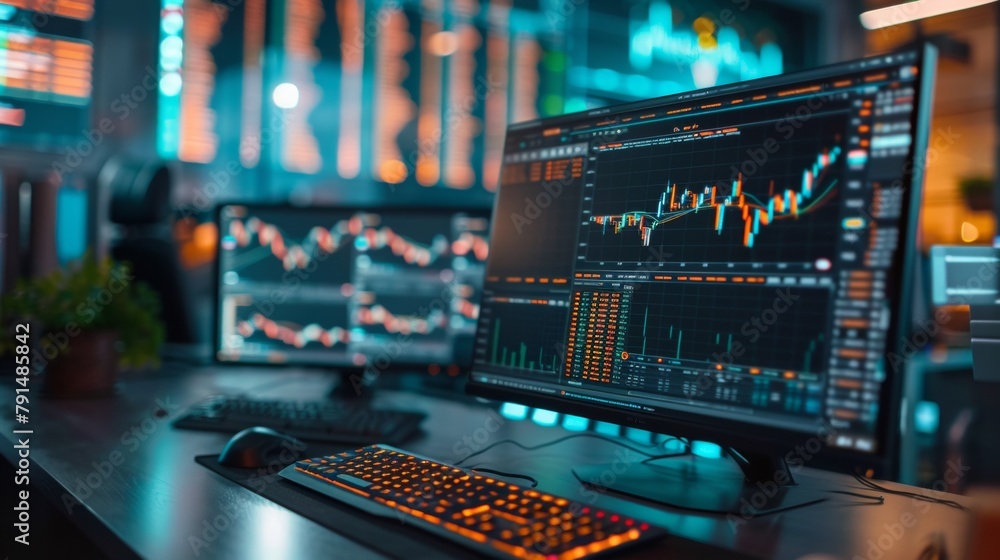 Poster a computer monitor and keyboard on a desk with stock market data, ai