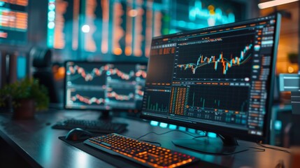 A computer monitor and keyboard on a desk with stock market data, AI - Powered by Adobe