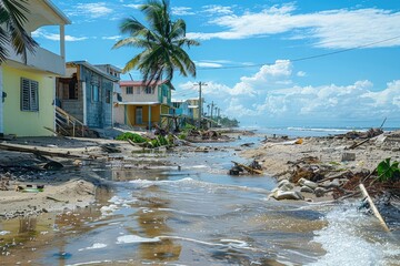 A coastal community rebuilding after a devastating storm surge, showcasing resilience and adaptation in the face of climate-related disasters