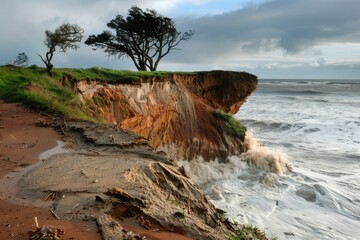 A coastal cliff eroded by rising sea levels and storm surges, exemplifying the vulnerability of coastal landscapes to climate-related erosion and inundation.
