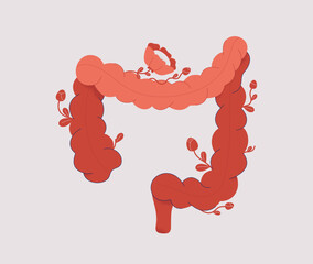 Healthy human Intestine in bloom. Good microbiome colon function. Digestive system wellness and balance. Creativity flat vector illustration