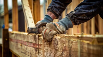 A close-up of a worker's hands wearing gloves, holding a hammer, and nailing a wooden board to a frame on a construction site.