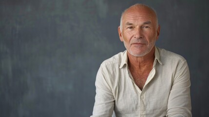 Senior man with public speaker gesture. Fingers connected at fingertips, pose which imposes power and patience, gray studio background, copy space