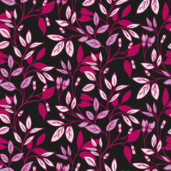 Burgundy abstract artistic branches with small tiny leaves intertwined seamless pattern on a dark background. Creative blooming leaf stems printing. Vector hand drawn. Templates for designs