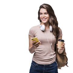 Young beautiful woman with backpack holding smart phone and coffee isolated transparent PNG,...