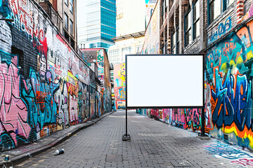 Colorful graffiti street with large blank advertising billboard in the center