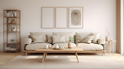 Fototapeta na wymiar Soft neutrals and clean lines define this Scandinavian-inspired interior, with a cozy sofa, minimalist coffee table, and an empty wall space ready for customized decor or personalized artwork.