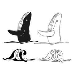 Black silhouette of whale in one line art style on a white isolated background. Modern trend. Vector illustration - 791487077