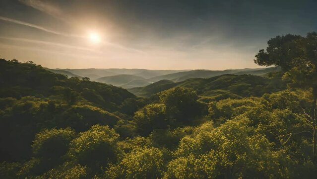 Top view of lush forest in mountain with sun nature landscape 4k HDR