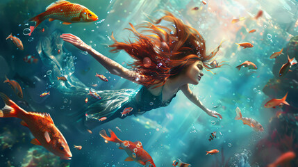 Fantasy woman diving with fishes