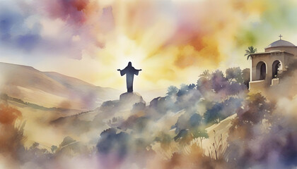 Watercolor painting of Jesus' Ascension to Heaven at Mount of Olives. - obrazy, fototapety, plakaty