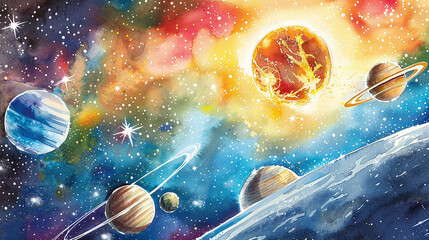 watercolor illustration showcasing the planets of our solar system in all their celestial glory - obrazy, fototapety, plakaty