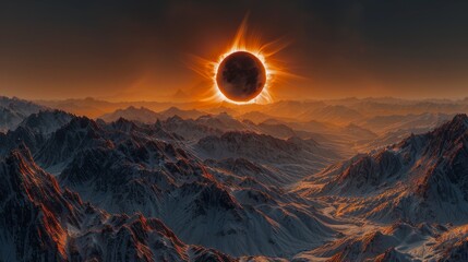 A total eclipse witnessed from a paraglider, capturing the breathtaking panorama of mountains bathed in the eerie twilight, with the