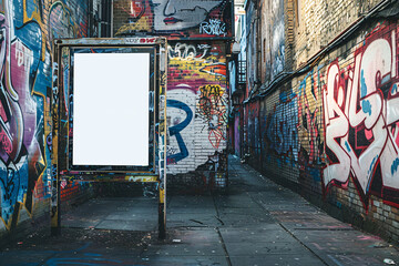 Graffiti covered alley with a blank white billboard frame in an urban environment