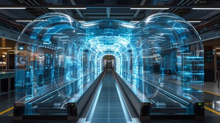 Fototapeta premium High-definition x-ray screenshot captured at the airport security checkpoint, showcasing the intricate details of luggage passing through the conveyor belt
