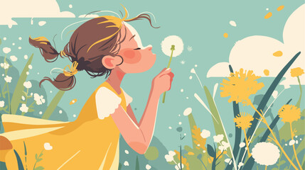 Cute girl blowing on dandelion flower seeds flying