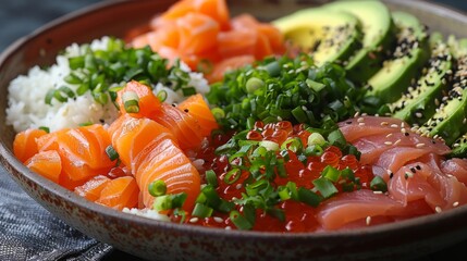 Showcase the colorful array of ingredients in a bowl of poke, featuring fresh fish, creamy avocado, and crunchy toppings.