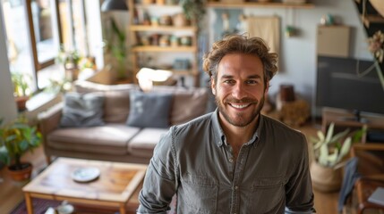 Happy confident middle aged senior man standing with arms crossed at home. Smiling older mature 50 years old handsome man looking at camera posing in modern house living room.