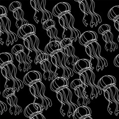 Jellyfish in one line art style on isolated black background seamless pattern. Vector illustration - 791488452