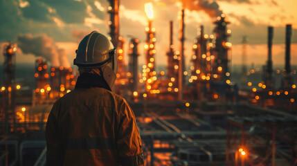 A man in a mask and protective suit against the background of an industrial installation surrounded by a poisoned environment.
