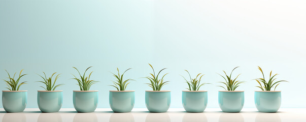 Line of flower pots on light background, panoramic view, generated ai 