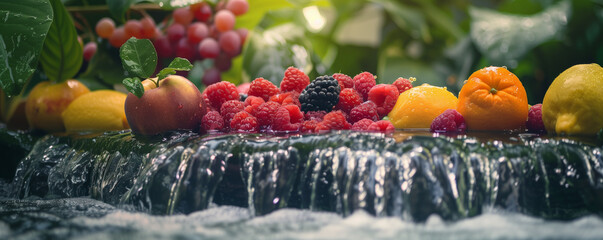 Fresh fruits on waterfall, healthy food concept, generated ai