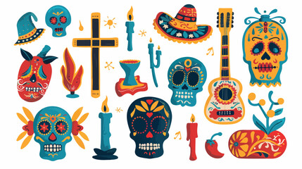 Bundle of traditional Day of The Dead decorations isolated